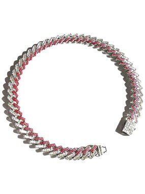 Silver, Red & White Iced-Out Tilted Cuban Gem Link Chain Necklace (20-inches)
